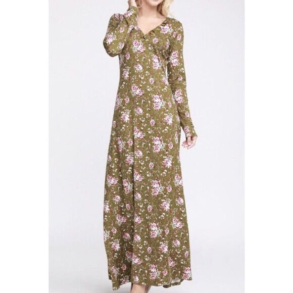 Doublju Women's Banded Button V-Neck Long Sleeve Maxi Dress Size Large - Picture 1 of 4